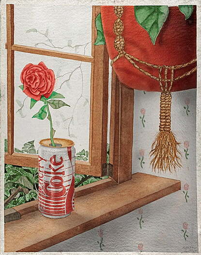 Watercolor image of a red rose in a cherry coke can sitting on a windowsill 